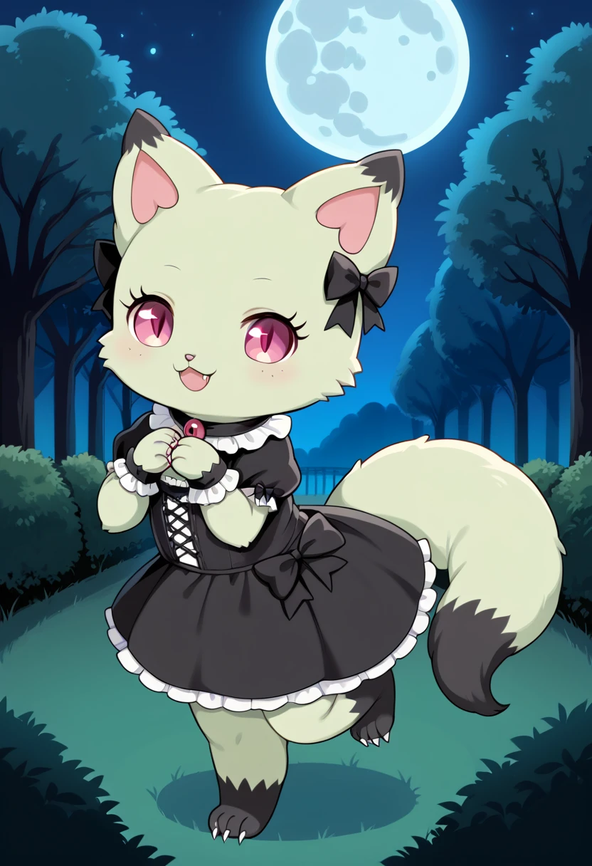 score_9, score_8_up, score_7_up, source_e621, Vampire_Emma, rating_safe, 1girl, solo, looking at viewer, smile, open mouth, bow (4 pcs), animal ears, tail, full body, hair bow (4 pcs), no humans, black bow, :3, cat, furry, furry female, pink eyes, fluffy tail, glowing eyes, fluffy, claws, no hair, green fur, park, moonlight, bloody moon, vampire lord dress, glowing eyes, darkness