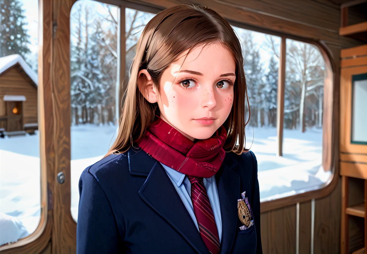 lara brookes, 1girl, solo, brown hair, long hair, freckles, realistic, face focus, dress shirt, uniform, necktie, blazer, winter, snow, scarf, cabin interior, blurry background, upper body <lora:Porn_Star_Lara_Brookes:1>