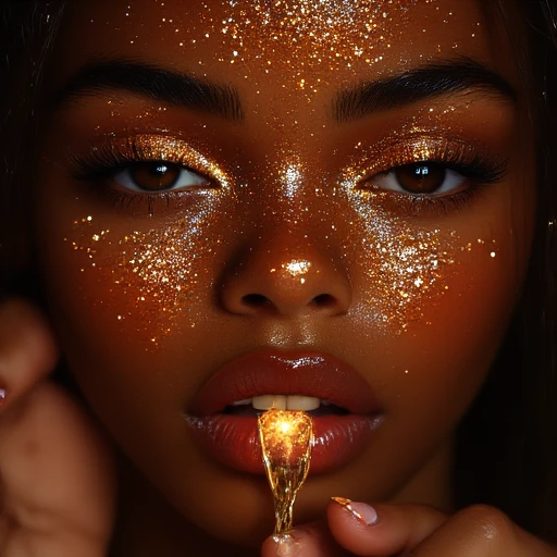 eyelashes, orange theme, fingernails, red theme, glitter face, tree, open mouth, flower, food focus, night, dark skin, cup, gem, dark-skinned female, light particles