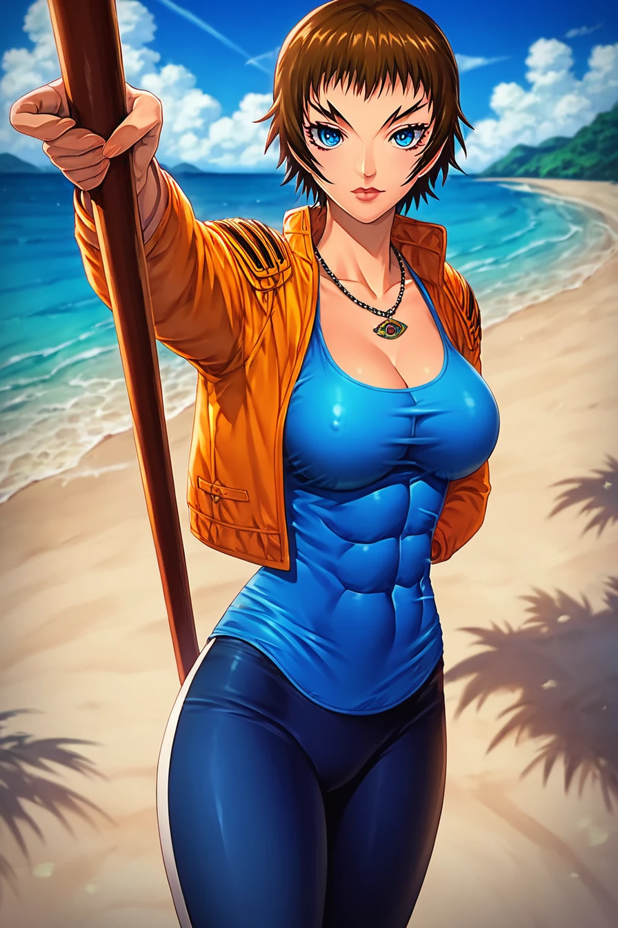 score_9, score_8_up, score_7_up, score_6_up, score_5_up, score_4_up, <lora:kugatachi_kaname_freya:0.9>, Kaname kugatachi, brown hair, blue eyes, scar, necklace, breast, abs, orange leather jacket, blue sleeveless shirt, tight shirt, blue leggings, staff, 1girl, standing, alone, looking at the viewer, masterpiece, highres, highly detailed face, highly detailed shining eyes, symmetrical highly detailed eyes, entire body, legs, beach, sand, sea