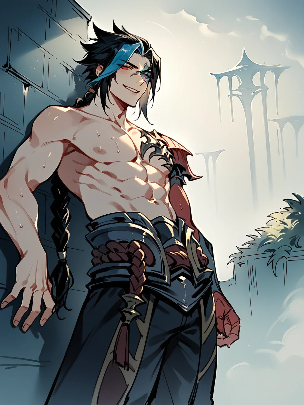 score_9, score_8_up, score_7_up, BREAK,KaynNormal, 1man, solo, long black hair, long braided ponytail, blue strand of hair, metalic mark on face with red eye, heterochromia, one pauldron, ((one red armored demonic hand)), topless, abs, belt, pants, fantasy city built within a vast cave, sleek glass buildings, elegant walkways between towers, illustration, raining, dark and moody lighting, digital art, oil painting, fantasy, leaning on wall, smug, from below view, <lora:KaynNormal:1>