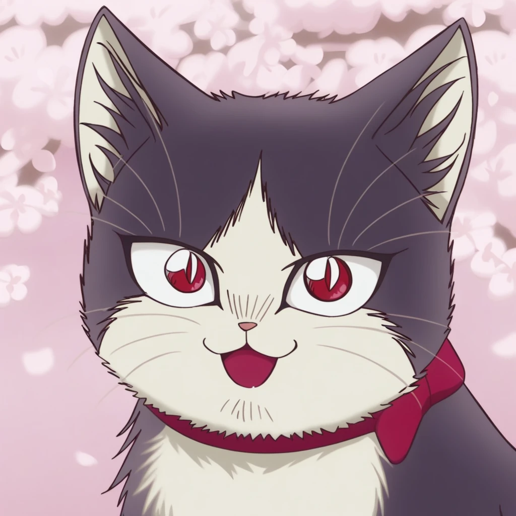 red eyes, animal, cat, black cat, Haru(My Roommate Is a Cat), no humans, animal focus, cherry blossoms, looking up, flower, open mouth, :3, red collar, collar, solo, whiskers, smile, animalization, upper body
