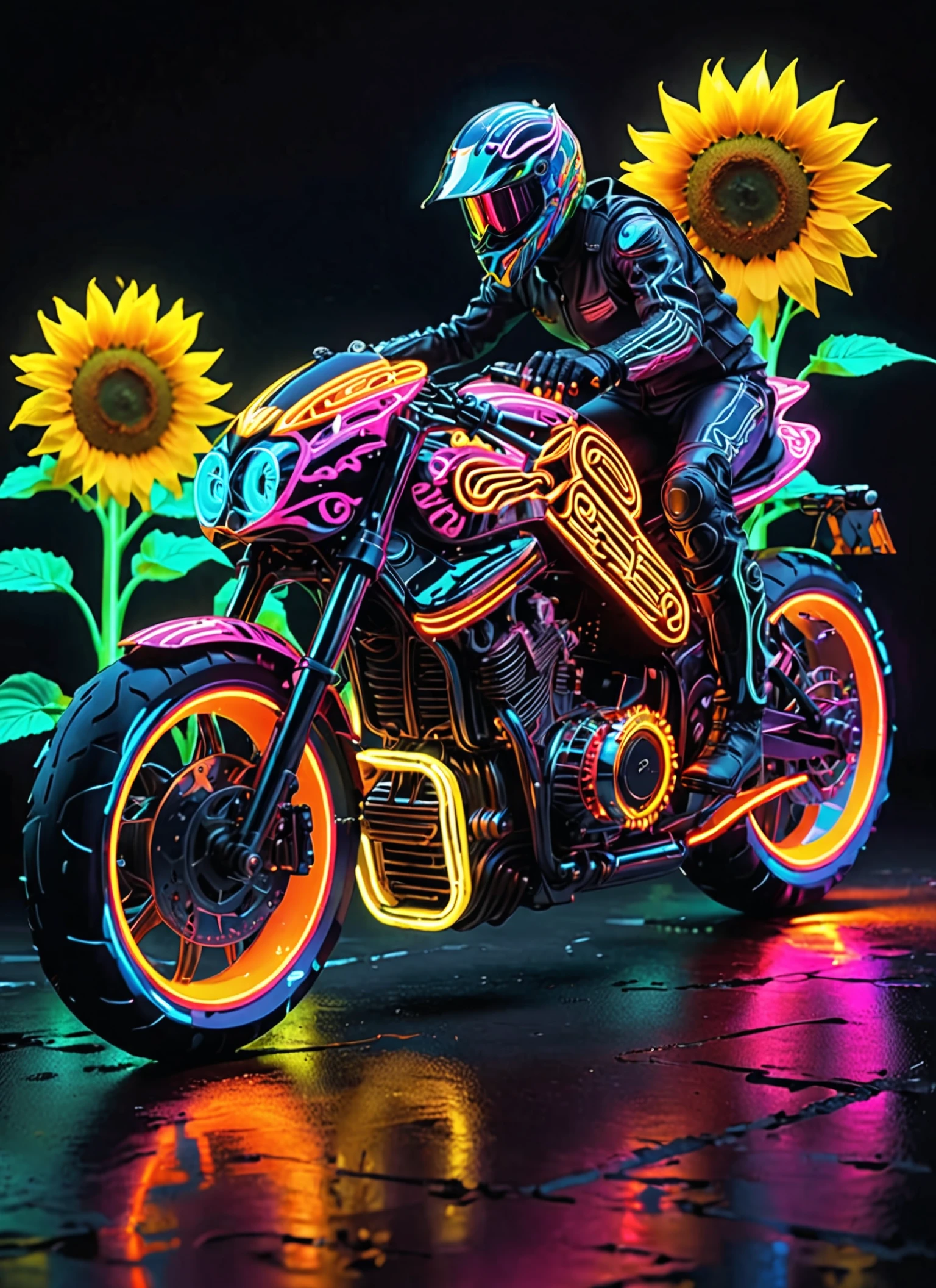 ftsbk motorbike neon, feeling of speed, reflection, full body view, Vivid Sunflower Mazes background <lora:Futuristic Superbike XL:1>