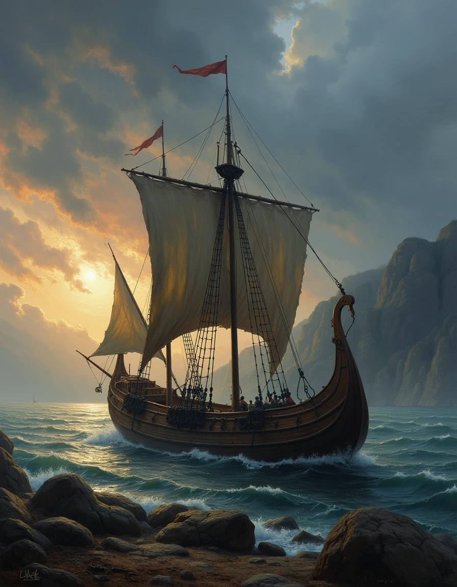 An atmospheric painting of a a Norse Viking ship