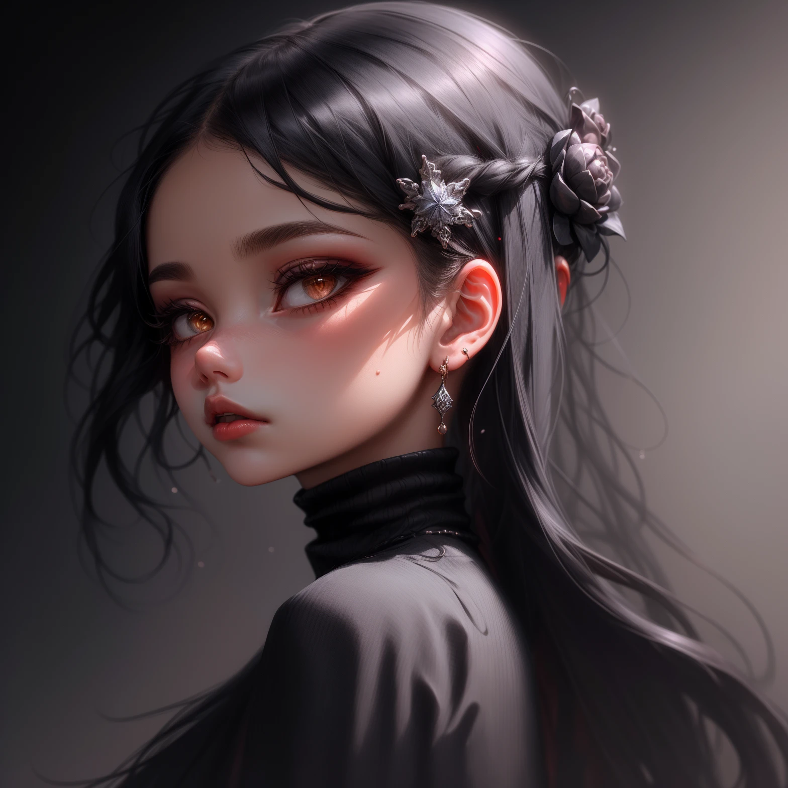 1girl, solo, long hair, black hair, jewelry, gothic, brown eyes, looking at viewer, hair ornament, closed mouth, turtleneck, black background, best quality, <lora:more_details:0.5>, <lora:GHT_V1-000001:1> GHT