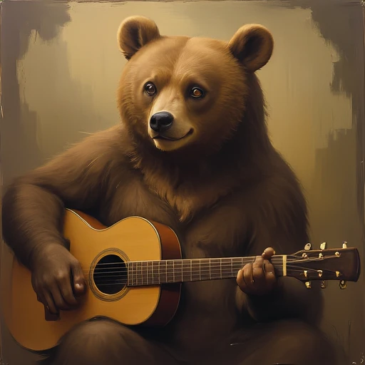 bear playing a guitar, surrealist painting, Evangsurreal