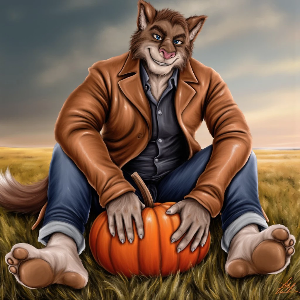 tffm, solo, male, furry, sitting, crossed legs, jeans, barefoot, brown leather coat, hands on pumpkin, pumpkin between legs, outside, smiling