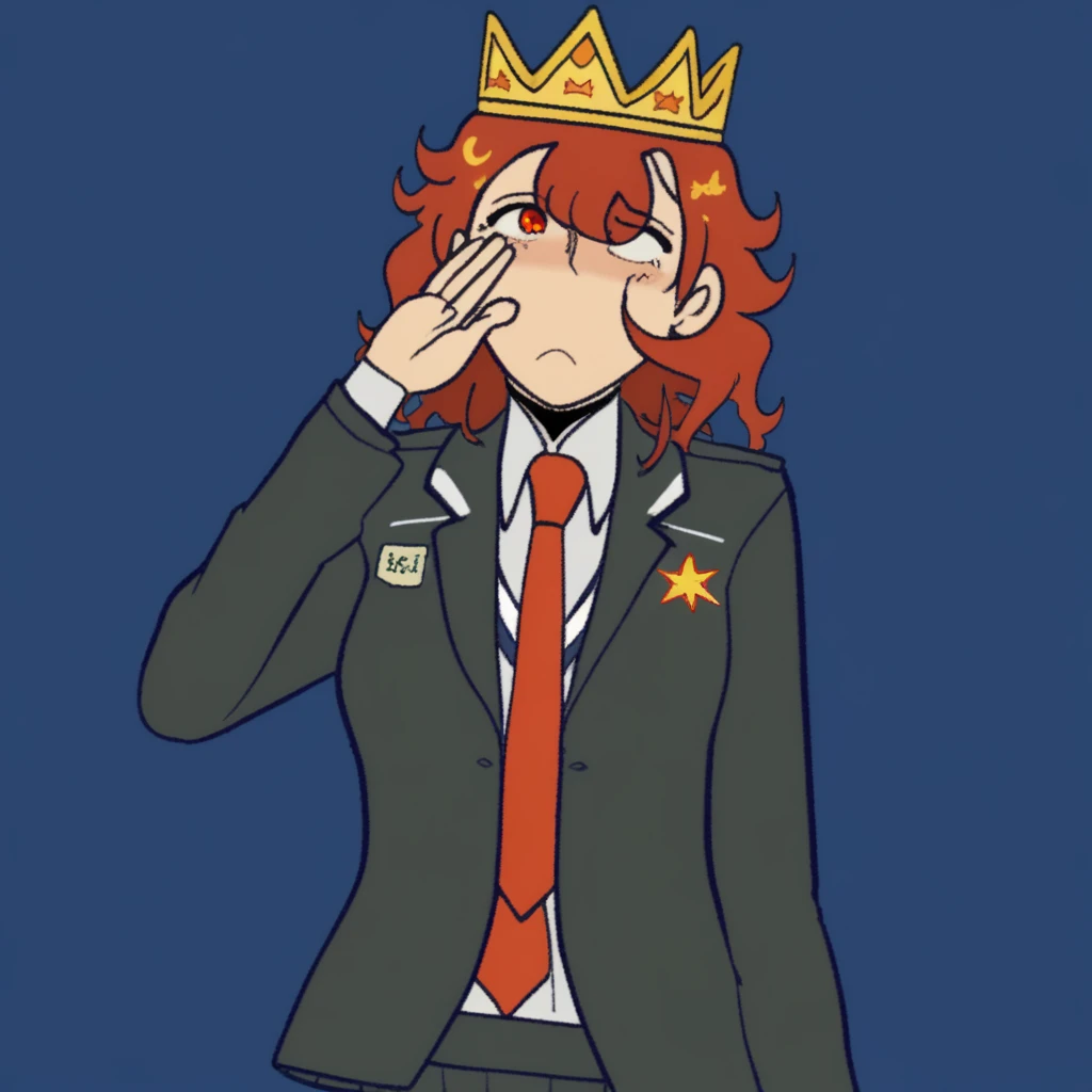 asticassia school uniform, red necktie, bracelet, bangs, parody, orange eyes, faceless, arm behind back, crown, star (sky), hand over eye, jacket, library