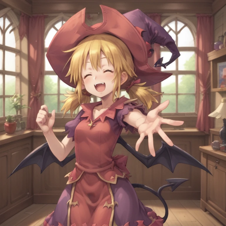 (score_9, score_8_up, score_7_up, score_6_up), source anime, BREAK, <lora:Witch:0.8> , widef, 1girl, blonde hair, low twintails, closed eyes, witch, red witch outfit, witch hat, bat wings, tail, dress, (cowboy shot), looking at viewer, happy, BREAK,  <lora:backgroundsetXL:0.4> , background, interior, indoor house, bedroom, window, curtain, clutter,  <lora:Beckoning_XLPD:1> , beckoning, reaching towards viewer,