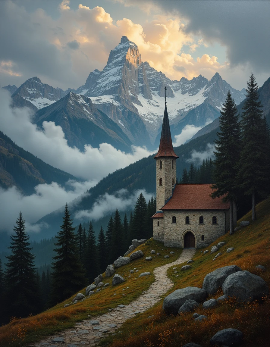 An atmospheric painting of a a mountain monastery