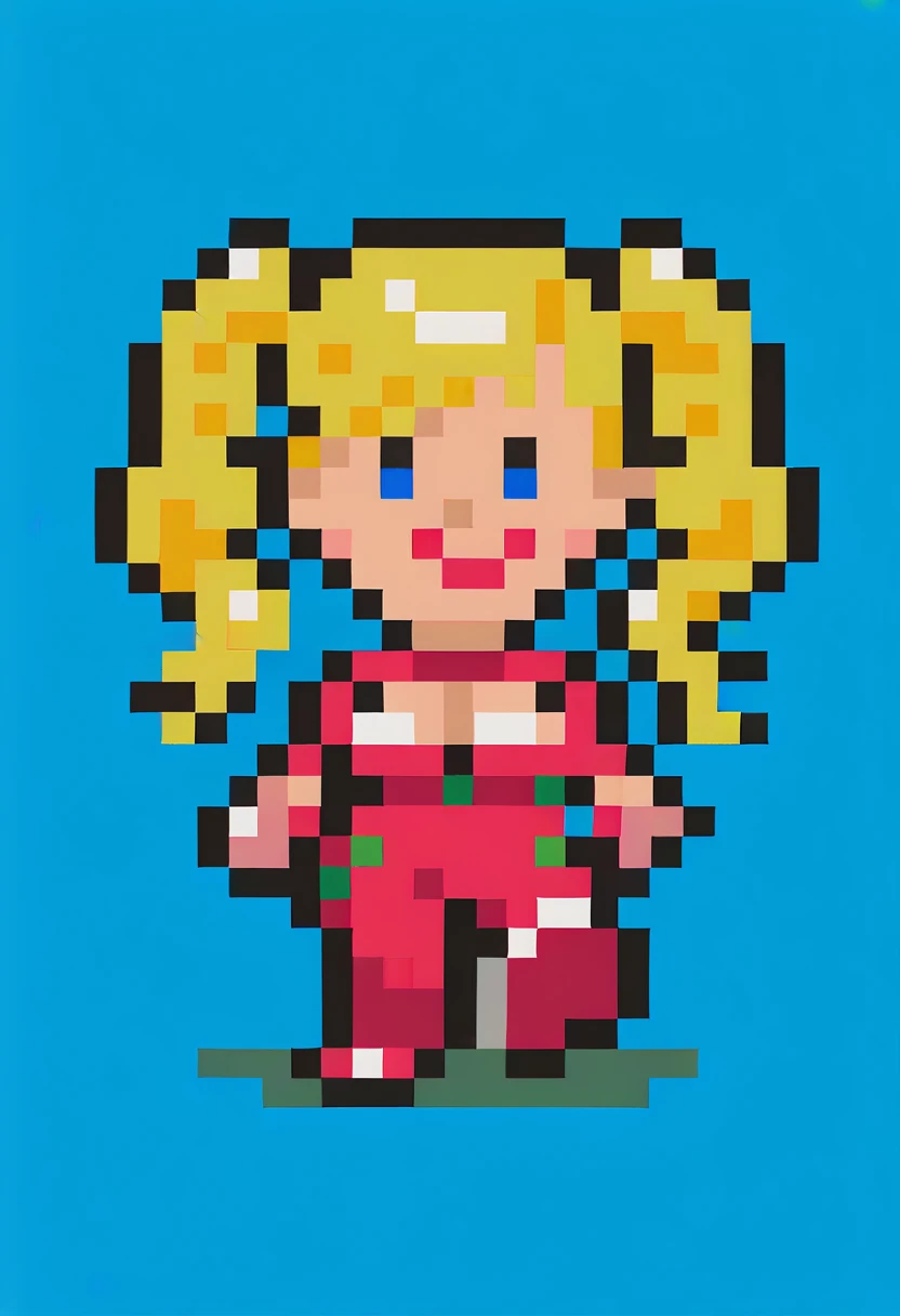 score_9, score_8_up, score_7_up, source_anime, 1girl, smile, <lora:EarthboundSpriteStyle-pdxl:1> pixel art, full body, standing, chibi, looking at viewer, blue background, takamaki anne, twintails, swept bangs, blonde hair, blue eyes, red bodysuit, pink gloves, cleavage cutout