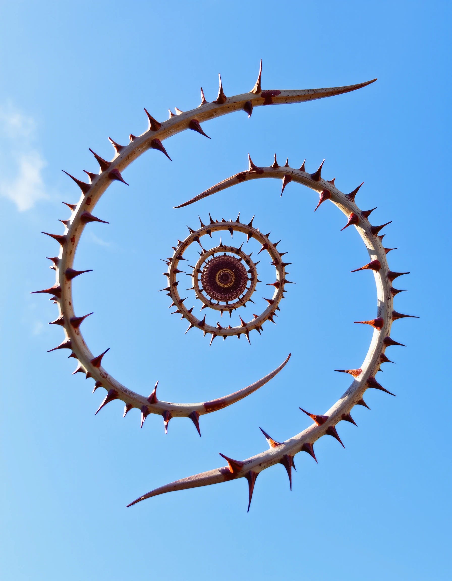 spir3lsk4y, spiral thorn structure, blue sky, nature, surreal, intricate pattern, sharp thorns, concentric circles, artistic composition, high resolution, outdoor, photography, abstract, unique perspective, vibrant colors, detailed close-up, symmetrical design, natural art, clear day, organic shapes