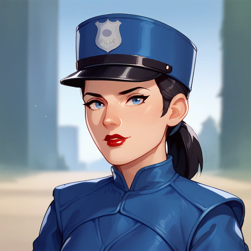 score_9_up, score_8_up, BREAK, 1girl, solo, G2, black hair, blue eyes, lipstick, blue hat, blue headwear, blue uniform, upper body, depth of field, <lora:G2_InspectorGadget2_Artwork_PXL_Leaf1:0.8>, police uniform, looking at viewer,