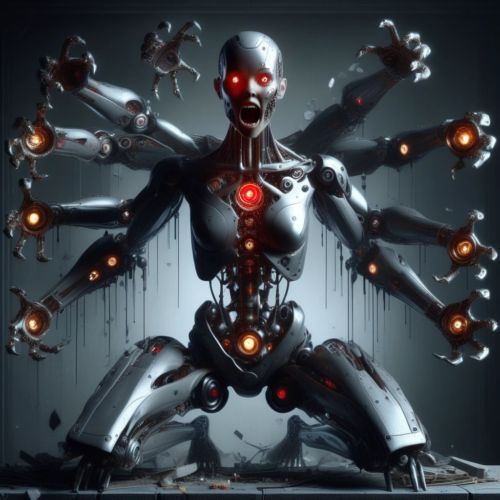 humanoid robot, 1girl, exhibiting complex robot joints, oil and grease visibly dripping from joints and crevices, full body depiction, covered in intricate mechanical parts, no humans present, ultra-realistic detailing, portrayed as a solo figure, bald head with glowing red eyes looking upwards, defined nose, mouth wide open revealing sharp teeth, facial expression conveying a scream, mechanical chest with visible breasts, central glowing core emitting a bright light, equipped with ten mechanical arms extending from the back, each arm ending in detailed open hands with mechanical fingers, mechanical legs bent on knees, mechanical feet exposed, barefoot, surrounded by scattered debris, dimly lit industrial environment, high contrast lighting highlighting the glow from the core and eyes, adding a sense of tension and drama