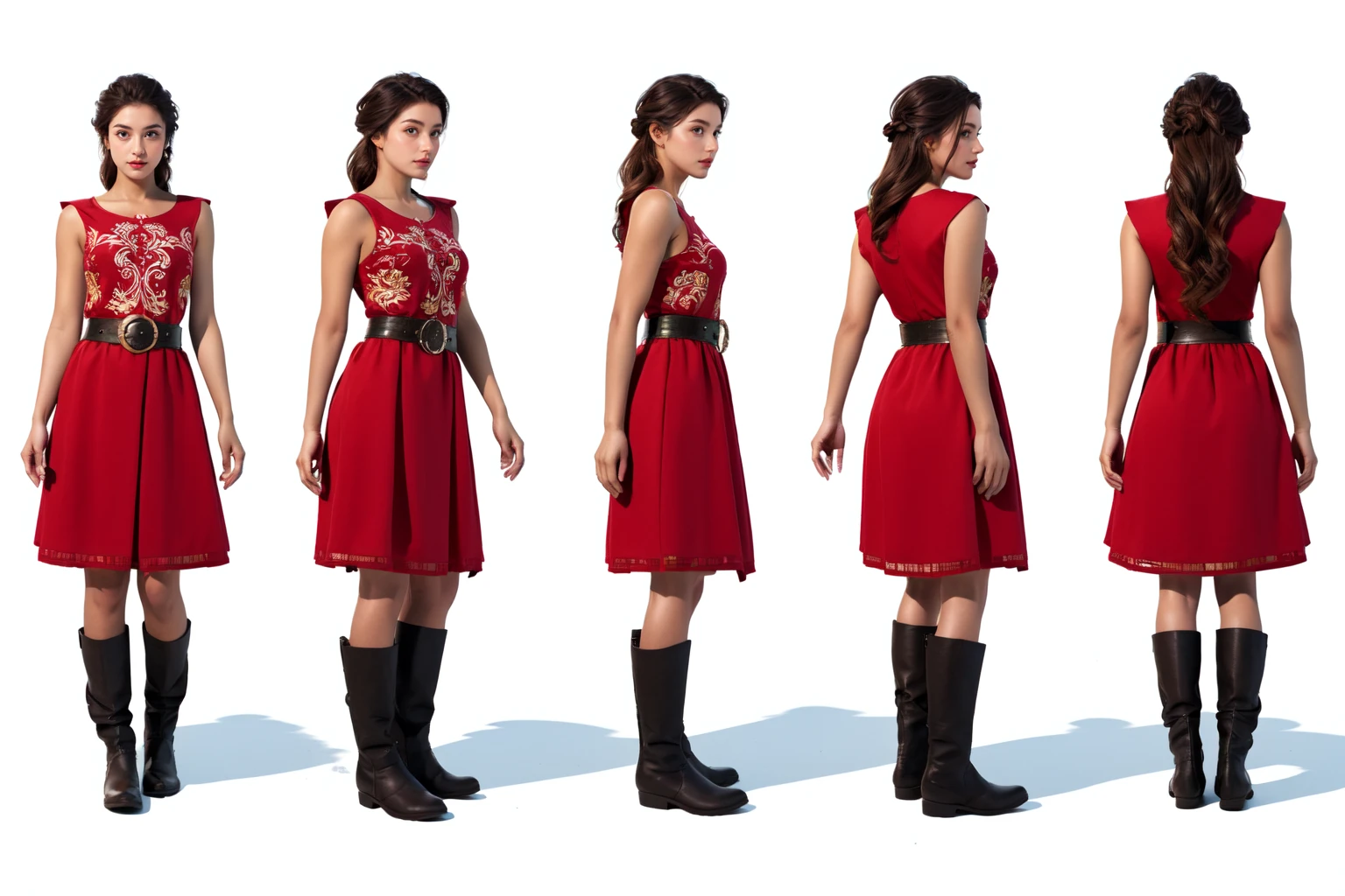 highres, masterpiece,
multi-view, turnaround, model sheet,  character design,
white background, simple background,
full body character turnaround of 1girl, Multiple views of the same character in the same outfit,
medieval, fantasy,
female character, fantasy dress, brown attire, full-body outfit, medium-length hair, Caucasian, light skin, young adult, intricate embroidery, medieval style, fantasy style, cloth texture, sleeveless top, layered dress, winter boots, ornate belt, 
<lora:CharTurnRetag_v4:0.1>
<lora:Witcher3turn_v1:0.1>
<lora:Medieval2turn_v1:0.1>
<lora:bg3Turn_v1:0.6>