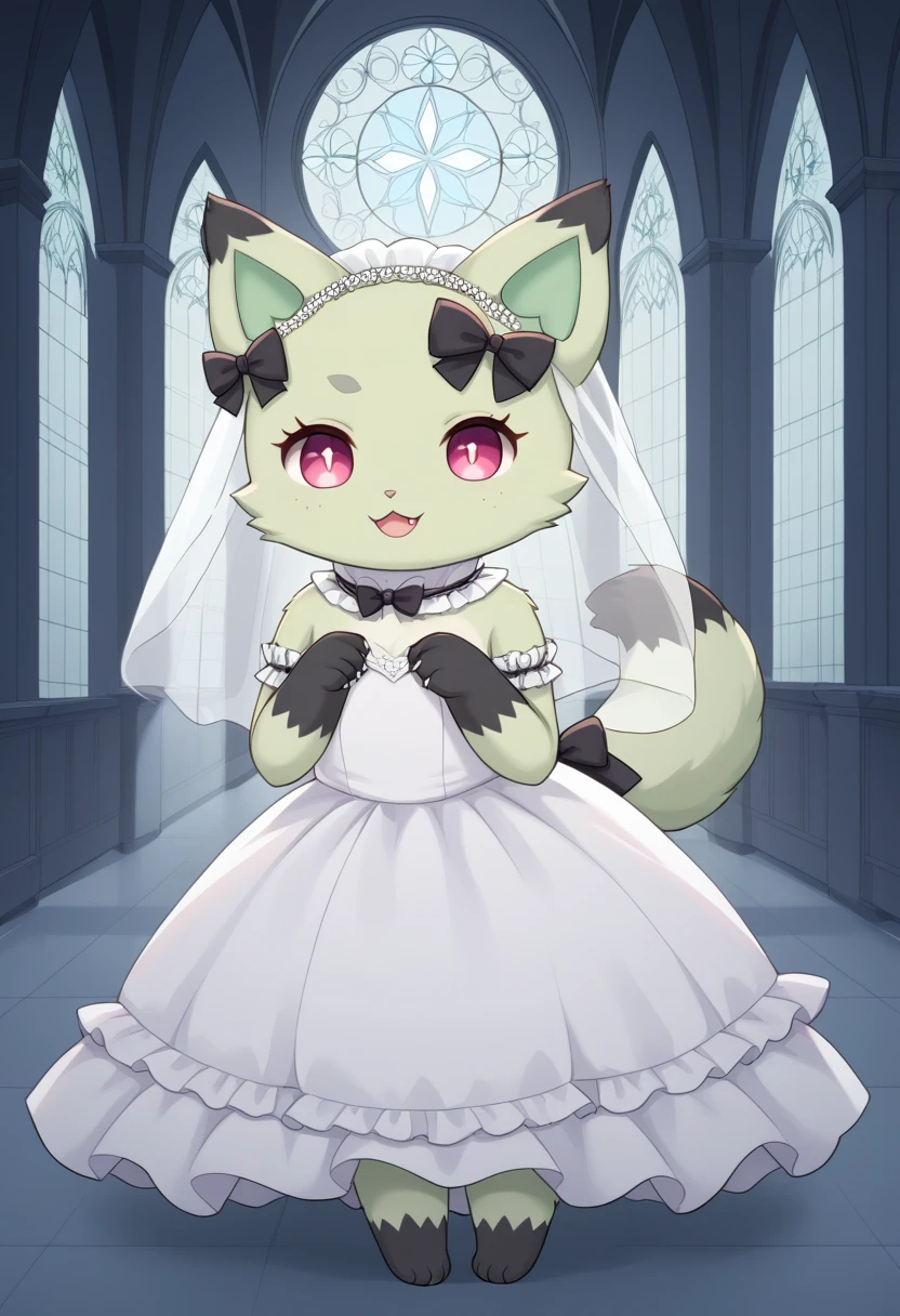 score_9, score_8_up, score_7_up, source_e621, Vampire_Emma, rating_safe, 1girl, solo, looking at viewer, wicked smile, (glowing eyes), half open eyes open mouth, bow (4 pcs), animal ears, tail, full body, hair bow (4 pcs), no humans, black bow (4 pcs), :3, cat, furry, furry female, pink eyes, fluffy tail, fluffy, claws, no hair, green fur, black fur, church, moonlight, moon, no hair, Wedding dress, wedding veil