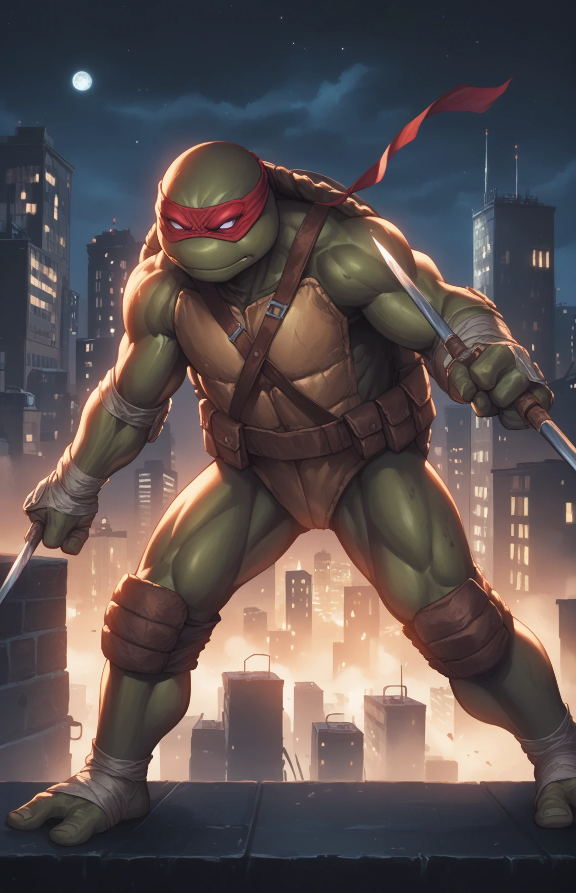 score_9, score_8_up, score_7_up, ((source_cartoon, digital painting)), masterpiece, high quality ((quadruplets, 4boys)),
<lora:TMNT_AIO__DigitalArtStyle_Pony:1>, solo, a TMNTRaphael a teenage mutant ninja turtle wearing a red bandana mask with eye-holes, standing on a city rooftop in a fight stance pose. Dynamic lighting and shadows, city lights and skyscrapers fill the background and the image gives a deep atmosphere of tension and the sense that a battle will soon take place.
(standing, fight stance)
((on a city rooftop, at night)), dark sky, city lights, skyscrapers in background
dynamic lighting, cinematic