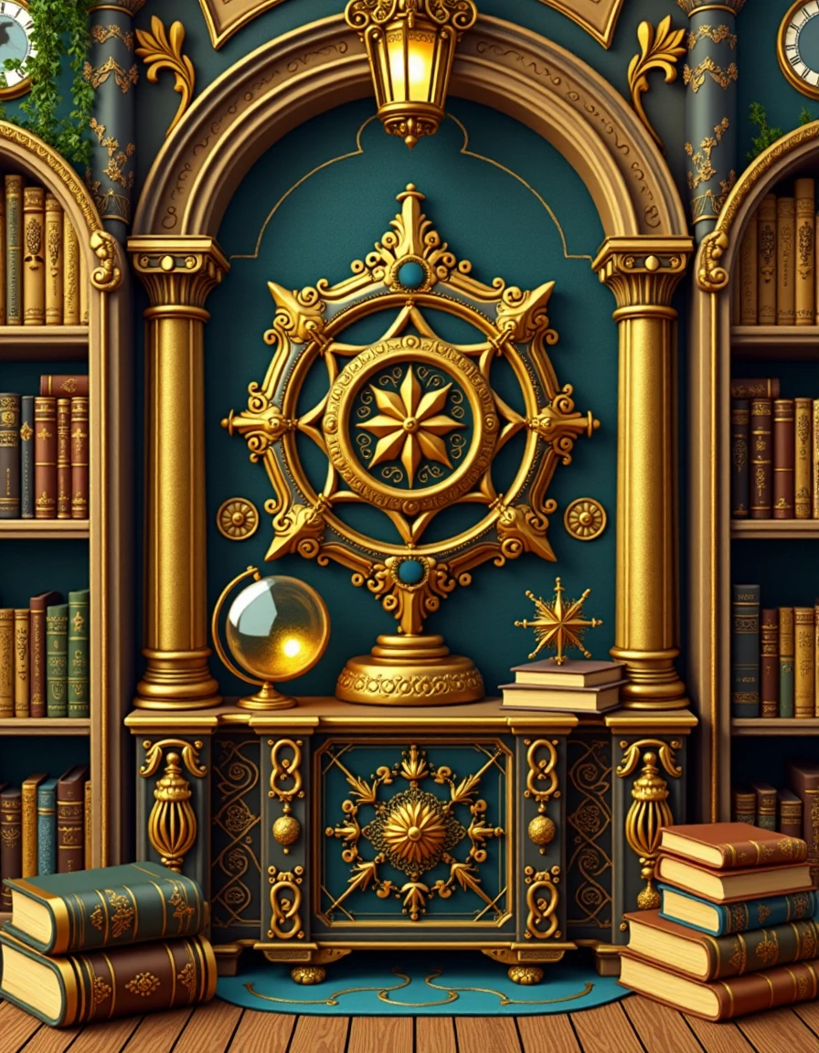 victorian style magical library made of gold, lamp light, symmetrical golden decorations and embellishments, books, style of art nouveau, art deco