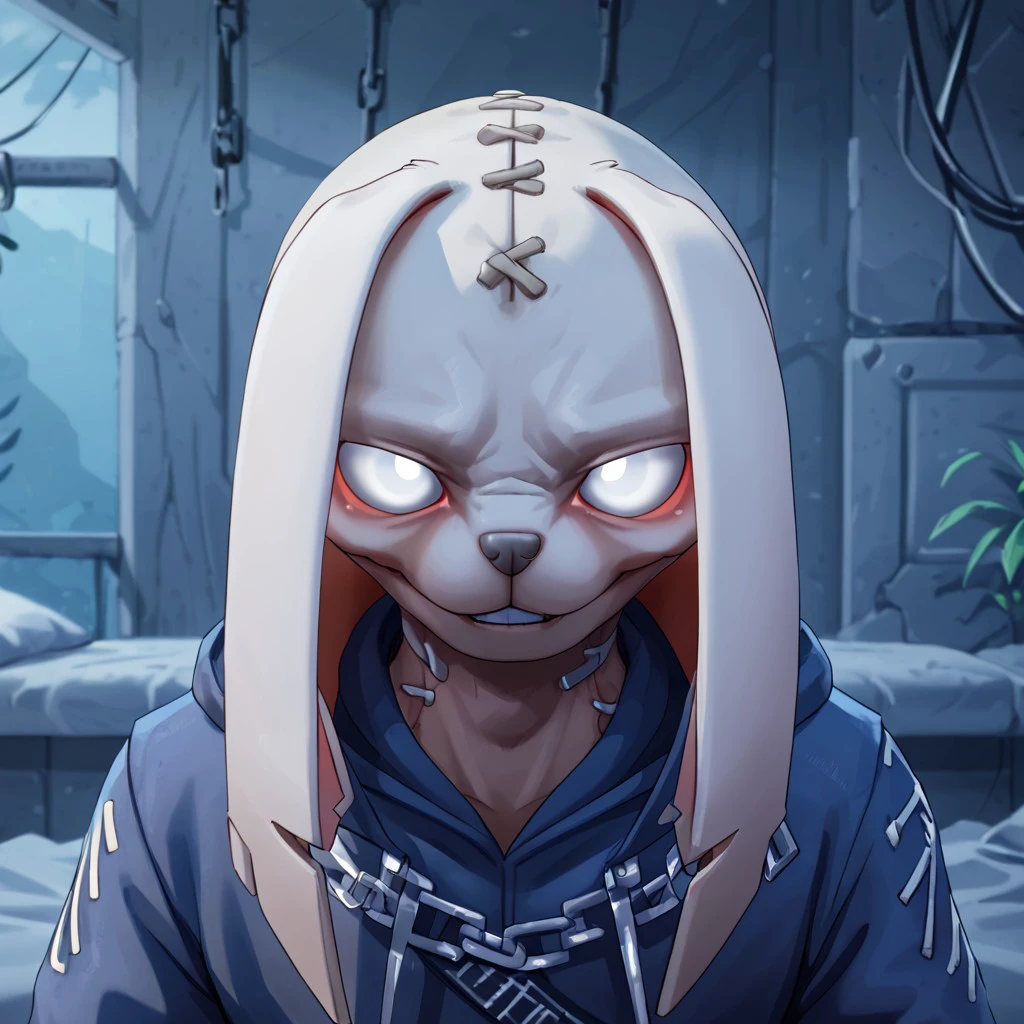 furry, solo anthro, male, smile, bust portrait, looking at viewer, Nitehare, white eyes, rabbit, tan fur, long ears, stitches, smile, looking at viewer, dark blue onesie, Expressiveh, ng_deepnegative_v1_75t, creepy, eerie