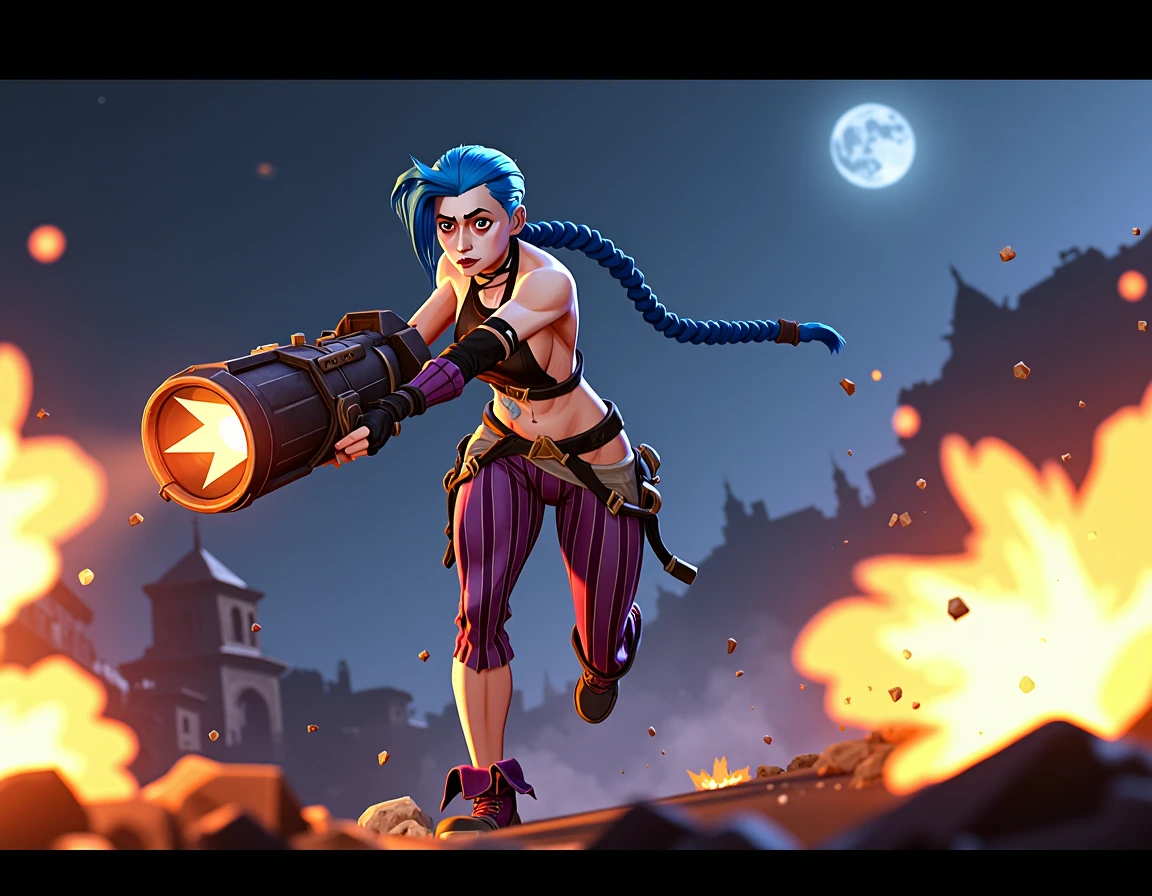 An action shot of Jinx from Arcane in the Arcane style running through a chaotic battlefield. Her blue hair flies behind her as she fires her huge Pow-Pow minigun, her eyes wide with excitement. The scene is lit by explosions and flashes of light, with debris flying in the air. Arcane style animation, dark and moody image, blue hair, braids, torn striped short pants, loose boots, tattoos all over body, wild eyes, huge Pow-Pow minigun, chaotic, serious, chaotic Jinx, night
<lora:Jinx_Character_for_Flux.1_Dev:1.5>