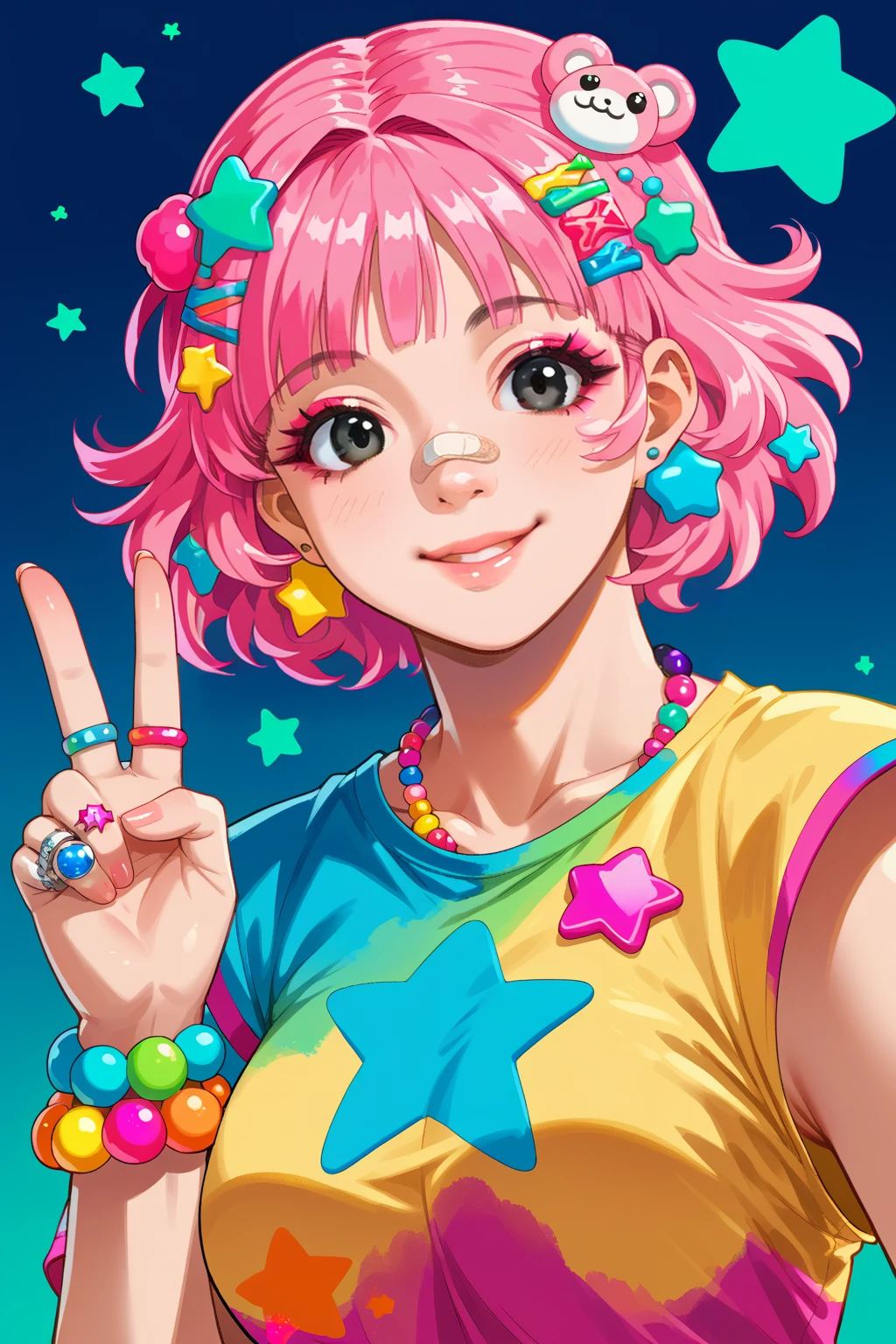 score_9, score_8_up, score_7_up BREAK  1girl,solo,smile,urban background,large breasts,peace sign
 looking at viewer, hair ornament, jewelry, upper body, pink hair, hairclip, star (symbol), black eyes, bracelet, lips, ring, bandaid, bandaid on face, bandaid on nose, colorful ,wearing edgPastelGoth
 <lora:edgPastelGothPony-000002:1>