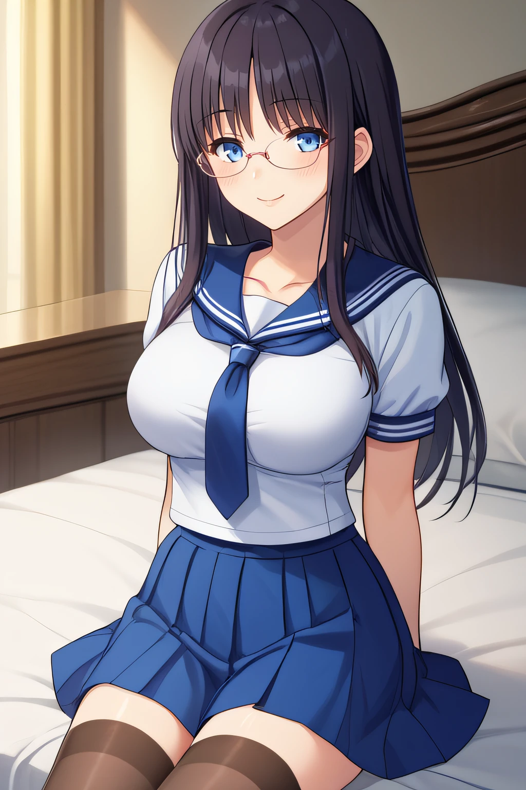 score_9, score_8_up, score_7_up, source_anime, rating_safe, intricate details, anime screencap, official style, 1girl, <lora:Ai:1>, ai, black hair, blue eyes, glasses, long hair, serafuku, blue necktie, short sleeves, large breasts, blue skirt, black thighhighs, collarbone, looking at viewer, cowboy shot, smile, sitting on bed, hands at sides, naughty face, blush