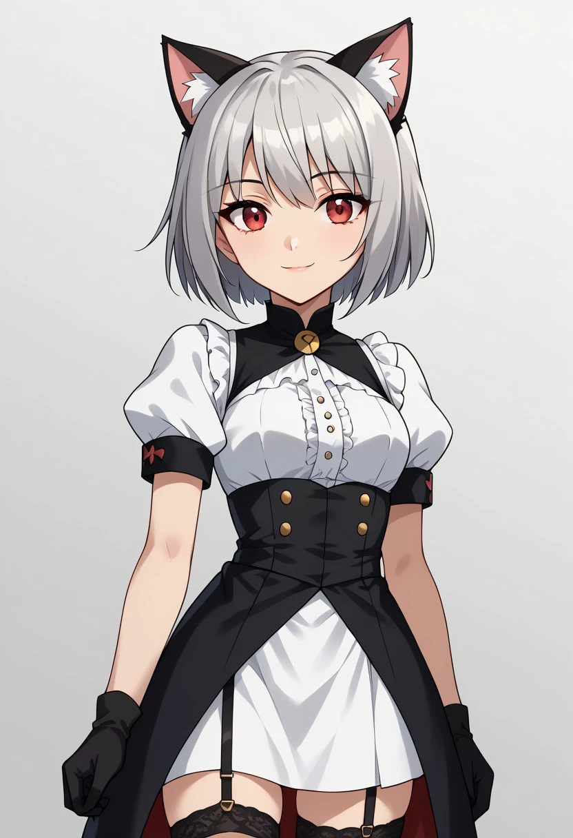 score 9, score 8 up, score 7 up, bakugan,1girl, silver hair, eyebrows visible through hair, hair intakes, solo, thighhighs, gloves, red eyes, short hair, android,short sleeves, puffy short sleeves, black gloves, upper body, garter straps, garter belt, high waist skirt, animal ears,cat ears,standing,smile