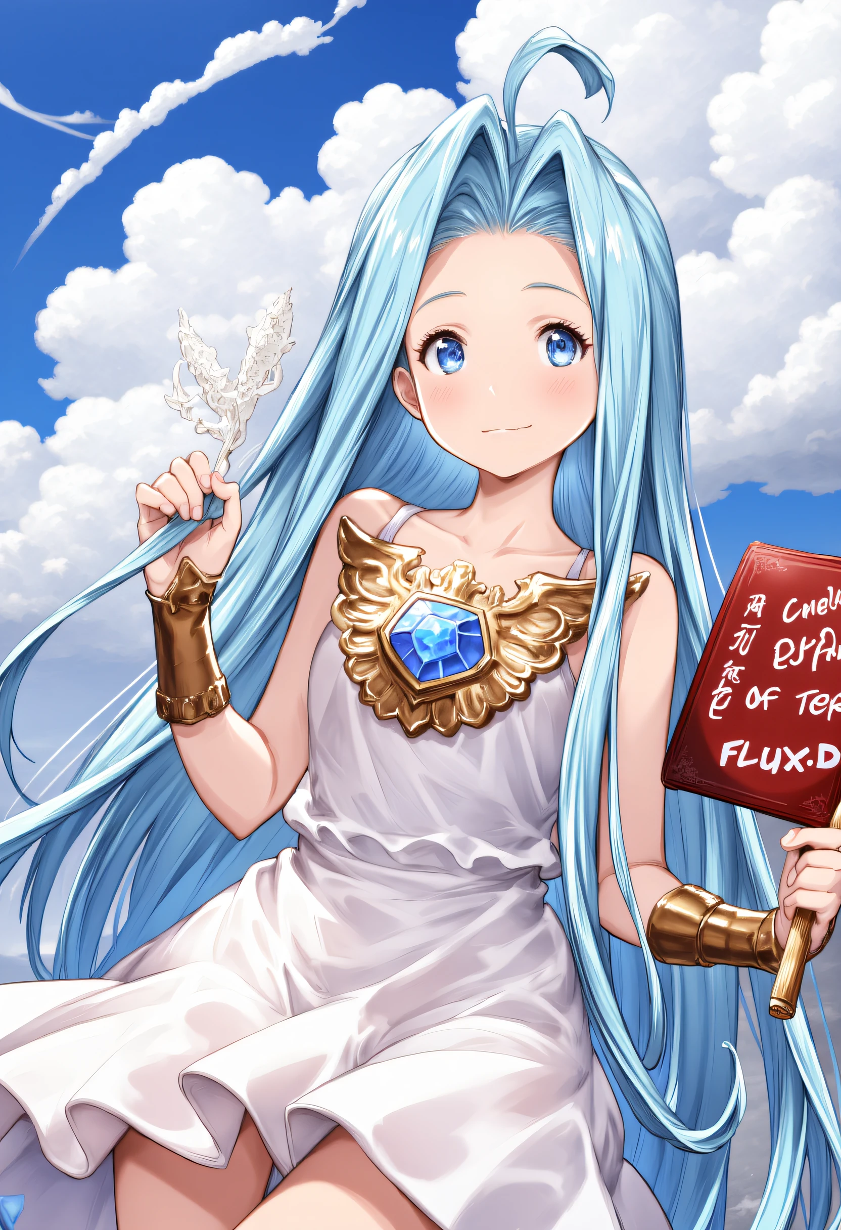 masterpiece, best quality, ultra detailed, award-winning Japanese art of a girl named Lyria (Granblue Fantasy) with bright blue eyes,very long hair, blue hair, ahoge, parted bungs, and white cami-dress. She is very cute and skinny with small breasts.She is holding a sign that says "Lyria LoRA for FLUX1.D" and smiling looking at viewer under the blue cloudy sky.She has blue gem on her chest and bridal gauntlets.