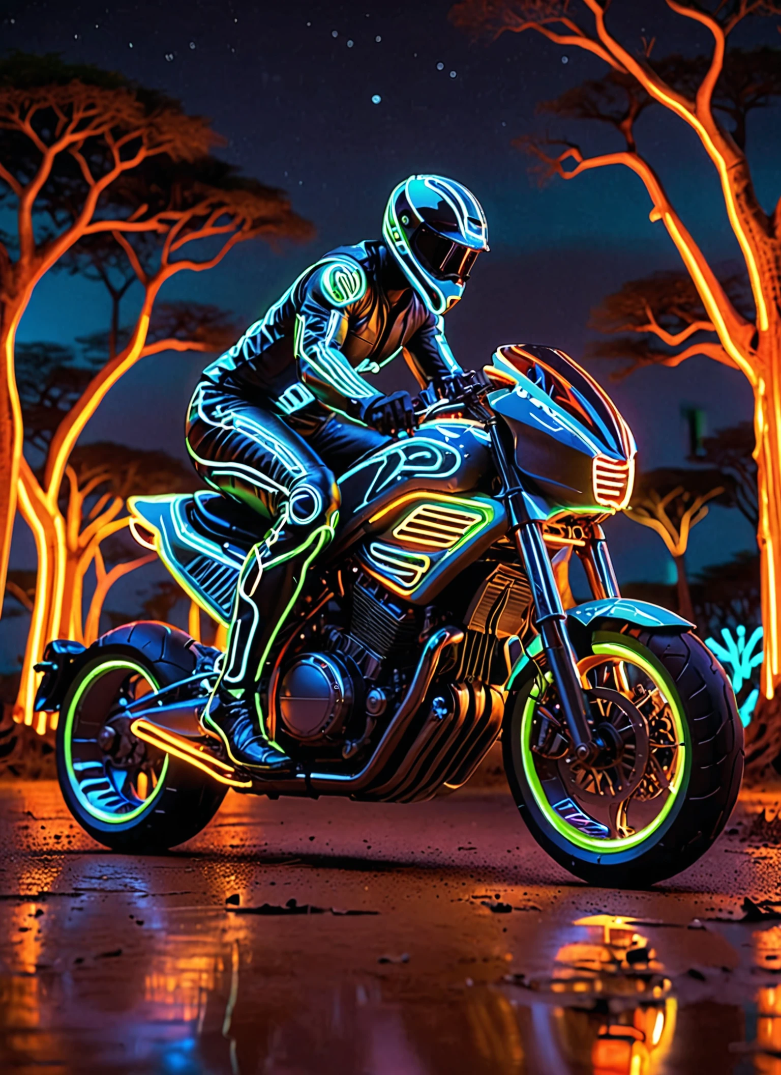 ftsbk motorbike neon, feeling of speed, reflection, full body view, African Baobab Tree Groves background <lora:Futuristic Superbike XL:1>