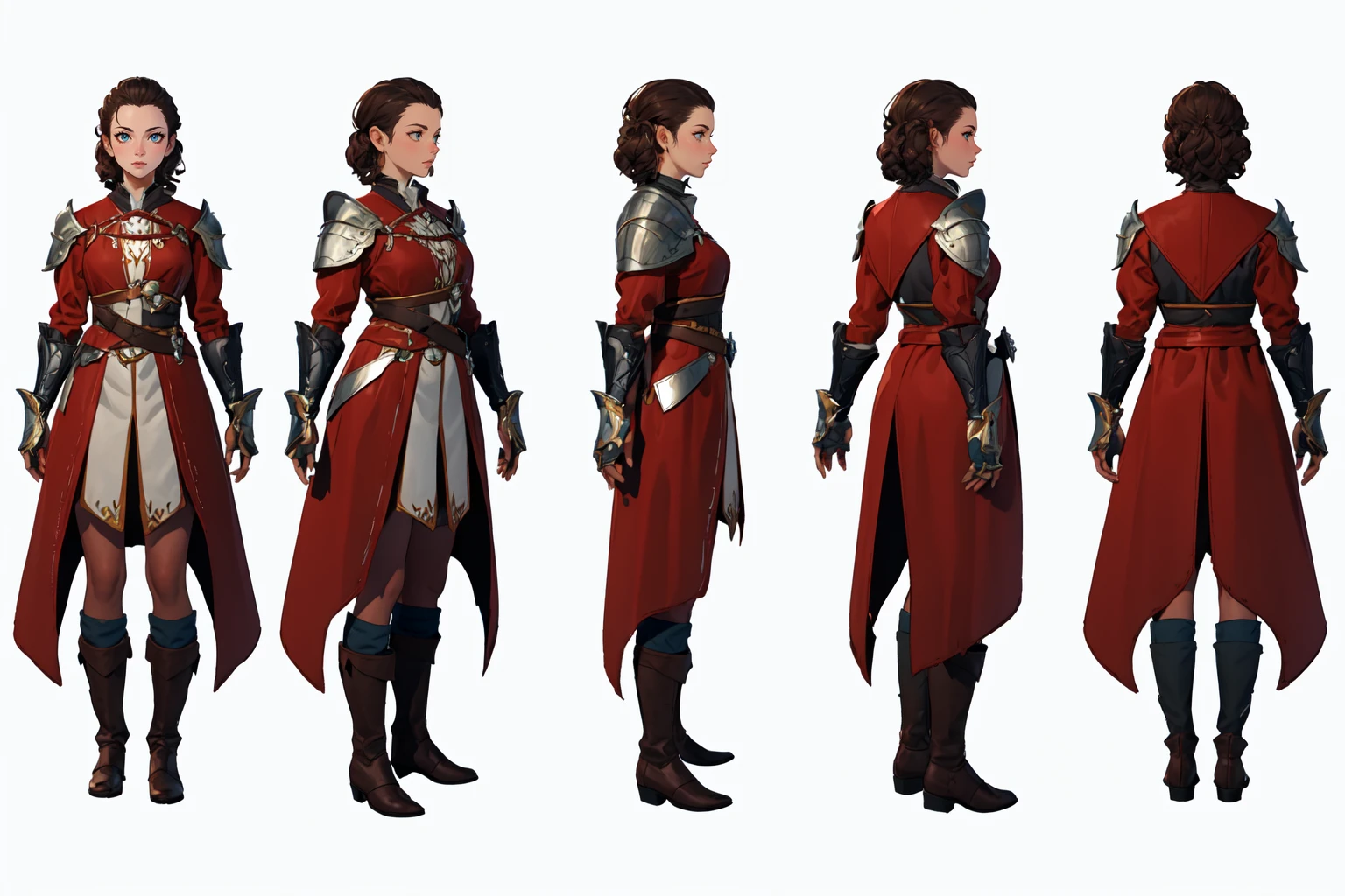 highres, masterpiece,
multi-view, turnaround, model sheet,  character design,
white background, simple background,
full body character turnaround of 1girl, Multiple views of the same character in the same outfit,
medieval, fantasy,
female warrior, mail armor, long surcoat, leather boots, armored gauntlets, ornate design, 
chainmail, leather boots, armored gauntlets, fantasy character, intricate detailing, protective gear, brown trousers, 
<lora:CharTurnRetag_v4:0.1>
<lora:Witcher3turn_v1:0.1>
<lora:Medieval2turn_v1:0.1>
<lora:bg3Turn_v1:0.6>