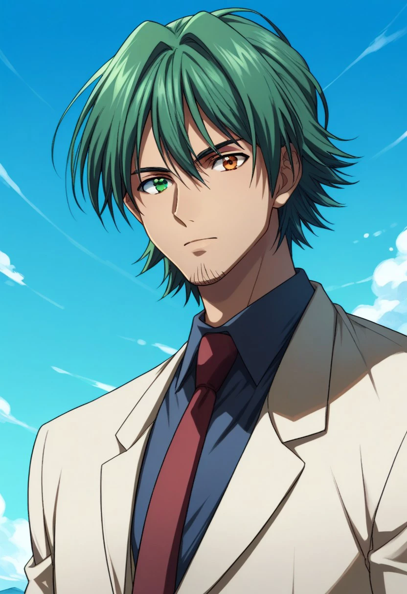 score_9, score_8_up, score_7_up, source_anime, highly detailed, 
sven, 1boy, male focus, solo, necktie, facial hair, suit, formal, stubble, sky, day, green hair,
heterochromia, brown eyes, green eyes,