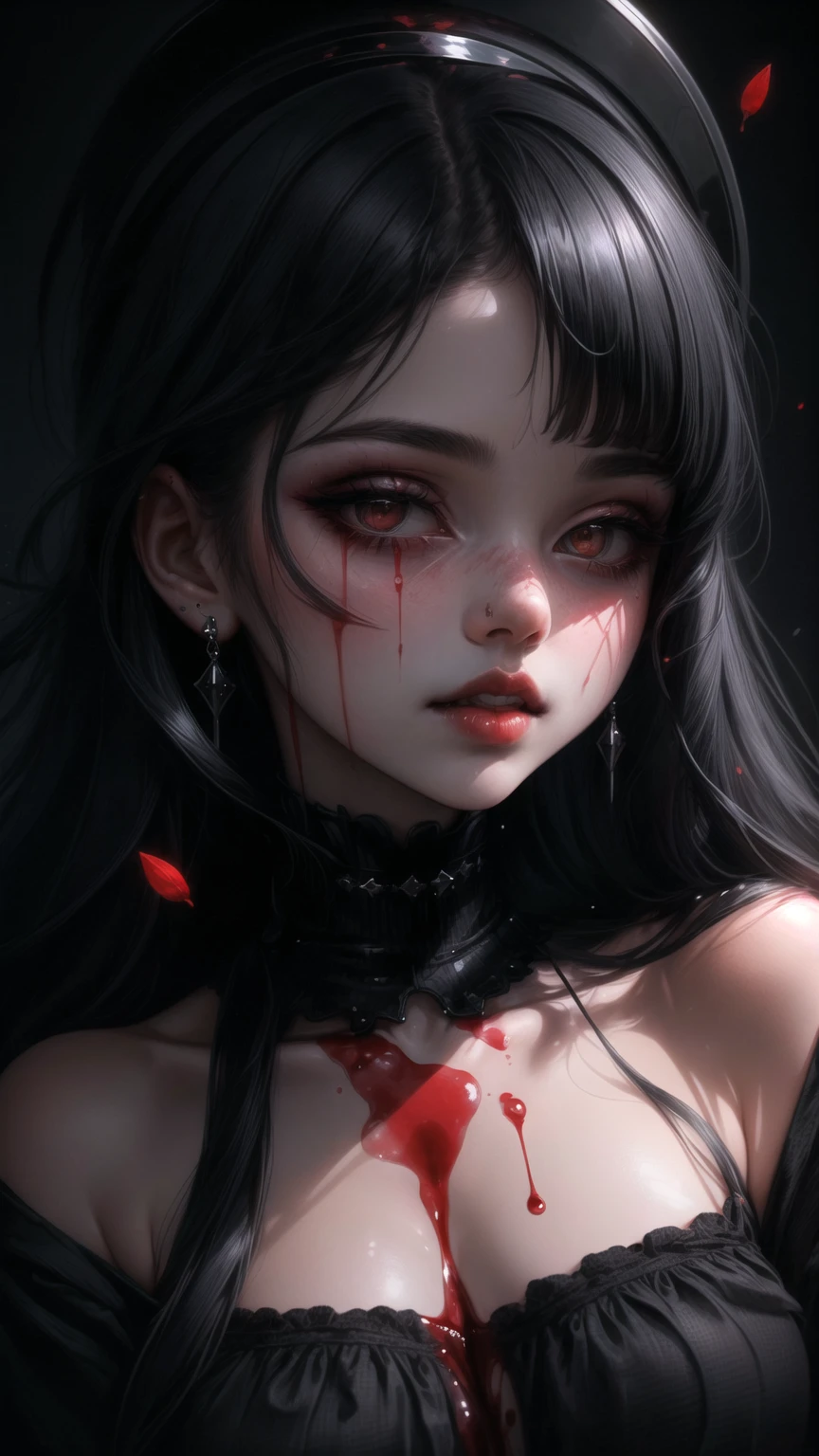 1girl, solo, blood on her face, blood drip on her face, long hair, black hair, jewelry, gothic,  black background, best quality, <lora:more_details:0.7>, <lora:GHT_V1-000001:1> GHT