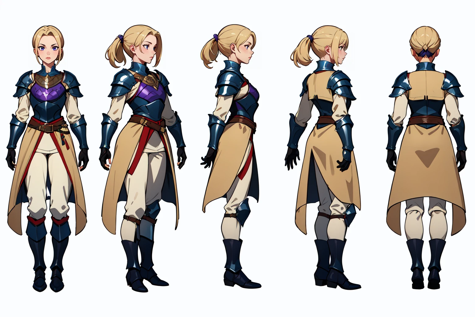 highres, masterpiece,
multi-view, turnaround, model sheet,  character design,
white background, simple background,
full body character turnaround of 1girl, Multiple views of the same character in the same outfit,
medieval, fantasy,
female warrior, medieval armor, chest plate, detailed outfit, metallic chest plate, pauldrons, arm guards, knee pads, white and purple tunic, beige pants, black boots, short blonde hair, ponytails, adventure genre, clothed in layers, cloth and metal attire, armored gloves, 
<lora:CharTurnRetag_v4:0.1>
<lora:Witcher3turn_v1:0.1>
<lora:Medieval2turn_v1:0.6>
<lora:bg3Turn_v1:0.1>