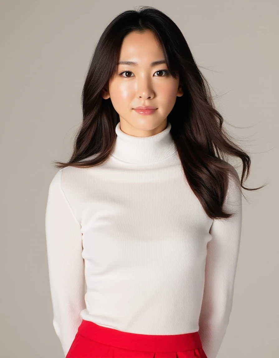 portrait photo of Yui Aragaki in white turtleneck shirt and red skirt <lora:Yui Aragaki_epoch_10:1.2>