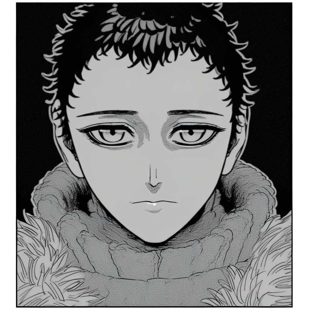 black background, monochrome, looking at viewer, closed mouth, straight-on, short hair, solo, comic, closeup