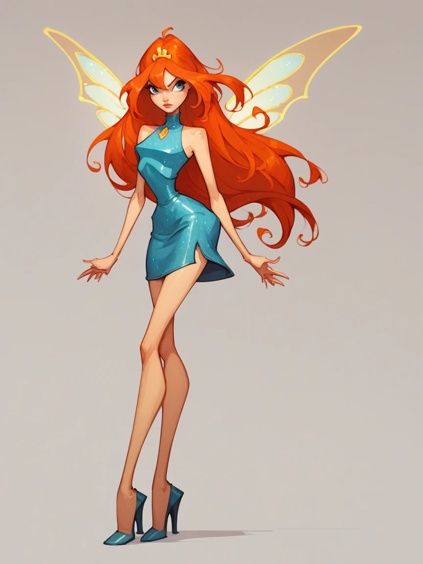 score_9, score_8_up, score_7_up, score_6_up, score_5_up,   <lora:bl00mXLP:0.8> bl00m, 1girl, long hair, solo, blue eyes, wings, orange hair, skirt, high heels,