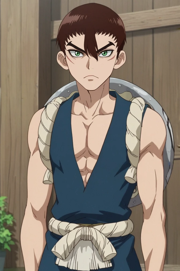 score_9, score_8_up, score_7_up, , rating_safe, , anime screencap, , , looking at viewer, depth of field, 1boy, solo, male focus, <lora:kinrou_dr_stone_pony:0.86>, kinrou_dr_stone, brown hair, green eyes, , , , <lora:sdxl_lightning_8step_lora:1>