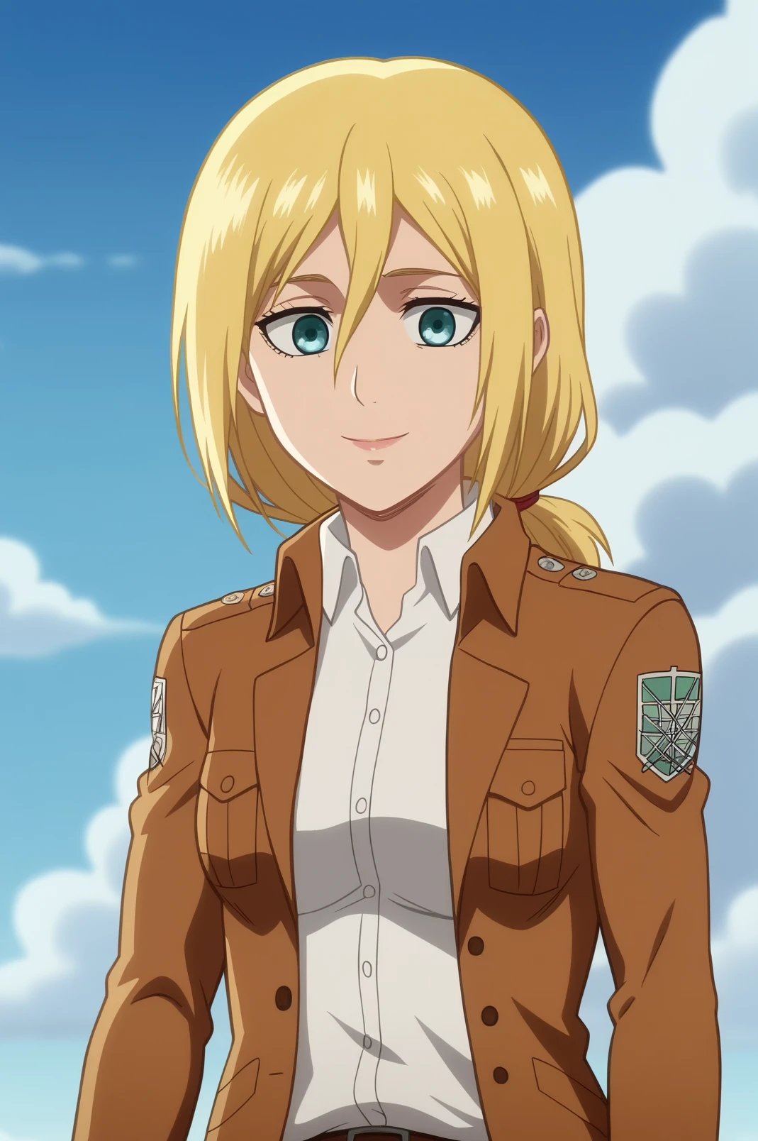 historia reiss,anime screencap,1girl,solo,mature,cloud,sky,smile,short hair,shirt,jacket,hair between eyes,paradis military uniform,upper body <lora:Historia Reiss - PDXL2.safetensors:0.8>