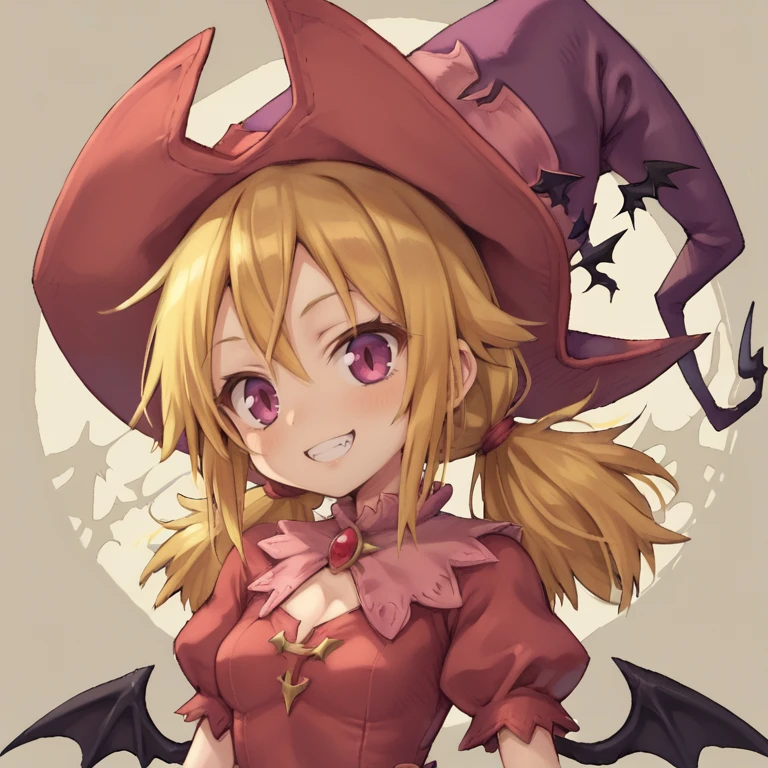 (score_9, score_8_up, score_7_up, score_6_up), source anime, BREAK, <lora:Witch:1> , widef, 1girl, blonde hair, low twintails, purple eyes, witch, red witch outfit, witch hat, bat wings, (close-up, face), looking at viewer, serene, elegant, graceful, smile, BREAK, <lora:zy_Detailed_Backgrounds_v1:0.6> , detailed background, highly detailed, interior, library, bookshelves,  <lora:b3yum1XLP:0.7> , b3yum1,