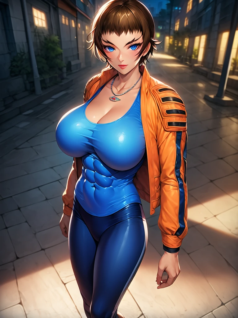 <lora:kugatachi_kaname_freya_sd15:1>, Kaname kugatachi, brown hair, blue eyes, scar, necklace, breast, abs, orange leather jacket, blue sleeveless shirt, tight shirt, blue leggings, 1girl, standing, alone, looking at the viewer, masterpiece, highres, highly detailed face, highly detailed shining eyes, symmetrical highly detailed eyes, entire body, legs, city background, sun, sunlight