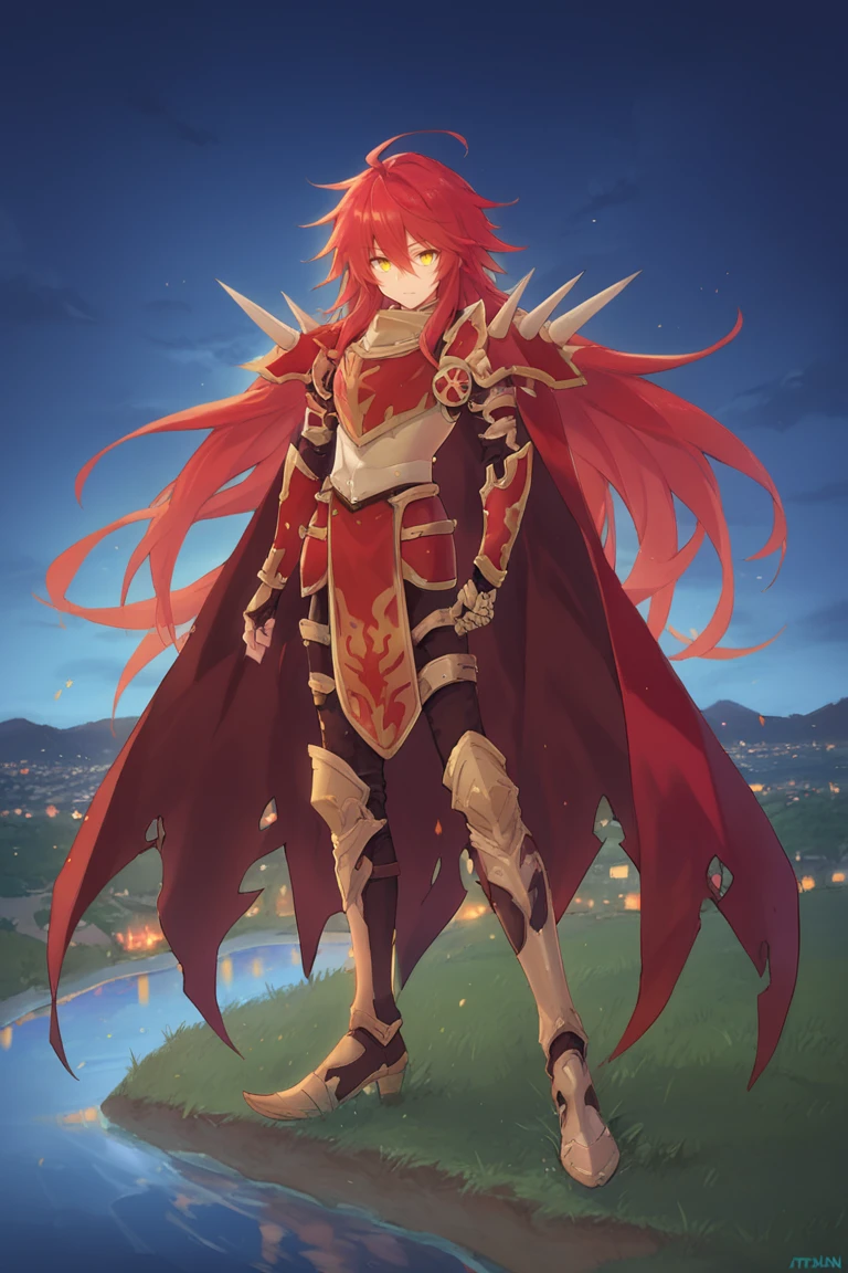 score_9, score_8_up, score_7_up, score_6_up, source_anime, BREAK, <lora:Gulcasa-000012:0.6> , guldef, (1boy), red hair, long hair, hair between eyes, yellow eyes, (armor), full armor, spikes, shoulder armor, shoulder spikes, cape, red cape, pauldrons, gauntlets, (cowboy shot), looking at viewer, (smile), closed mouth, evil, hair over one eye, fiery aura, <lora:ScenicHorizonsV2:0.5> , sc3nery, small european town, hills, clouds, night, high contrast, landscape, europe, outdoor, river, (blue sky), <lora:ATDANbrite:0.65> , ATDAN ,