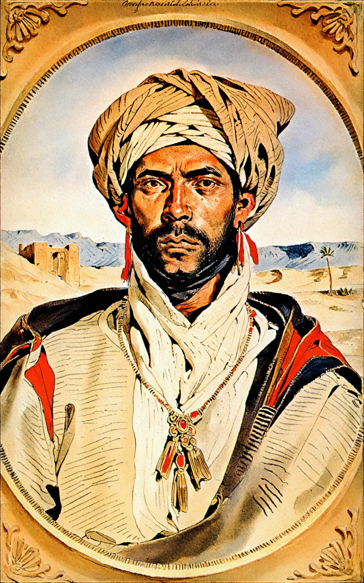 <lora:eugene-delacroix_pony_v1:1> traditional media  ' desert ' by Delacroix Eugene  in 1826, portrait \(genre\), Orientalism \(style\), male-portraits, turban, Picture frame, a man in a desert, score_9, score_6_up, score_7_up