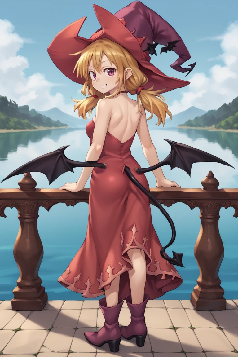 (score_9, score_8_up, score_7_up, score_6_up), source anime, BREAK, <lora:Witch:0.85> , widef, 1girl, blonde hair, low twintails, purple eyes, witch, red witch outfit, witch hat, bat wings, tail, dress, boots, full body, standing, looking at viewer, serene, elegant, graceful, smile, (from behind), BREAK, <lora:zy_Detailed_Backgrounds_v1:0.6> , detailed background, highly detailed, exterior, lake, blue sky, clouds, daylight, garden, <lora:luicent:0.7>