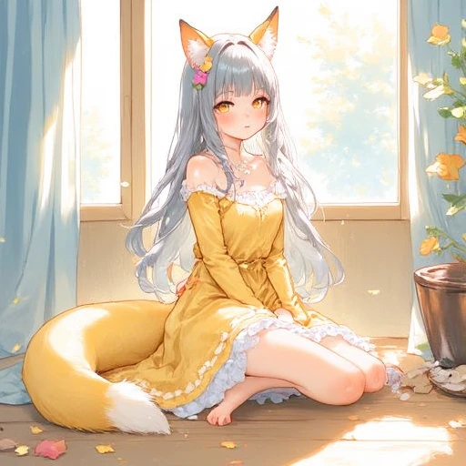 woman, pastel colors, Gouache, sitting on a floor, flower in her hair, 1girl, solo, long_hair, looking_at_viewer, upper body, hair_ornament, long_sleeves, animal_ears, brown_eyes, sitting, very_long_hair, closed_mouth, yellow_eyes, grey_hair, sidelocks, frills, day, puffy_sleeves, indoors, blunt_bangs, animal_ear_fluff, fox_ears, feet_out_of_frame, fox_tail, sunlight, frilled_dress, frilled_skirt, fox_girl, light_particles, backlighting, yellow_shirt, wooden_floor, on_floor