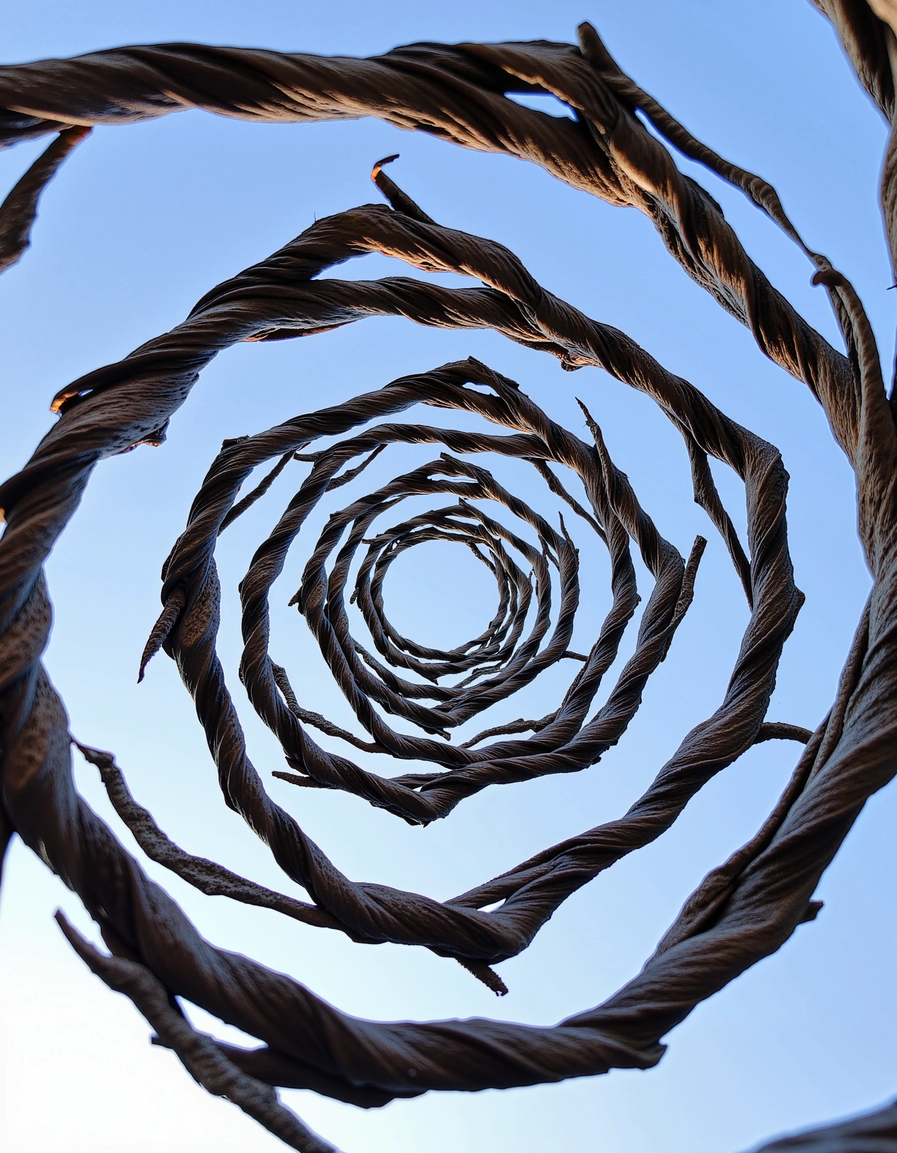 spir3lsk4y, spiral, tree branches, perspective, circular pattern, abstract, nature, outdoor, sky, blue, intricate, geometric, bark, twisted, artistic, texture, natural formation, sunlight, shadow, close-up, creative, unique, composition