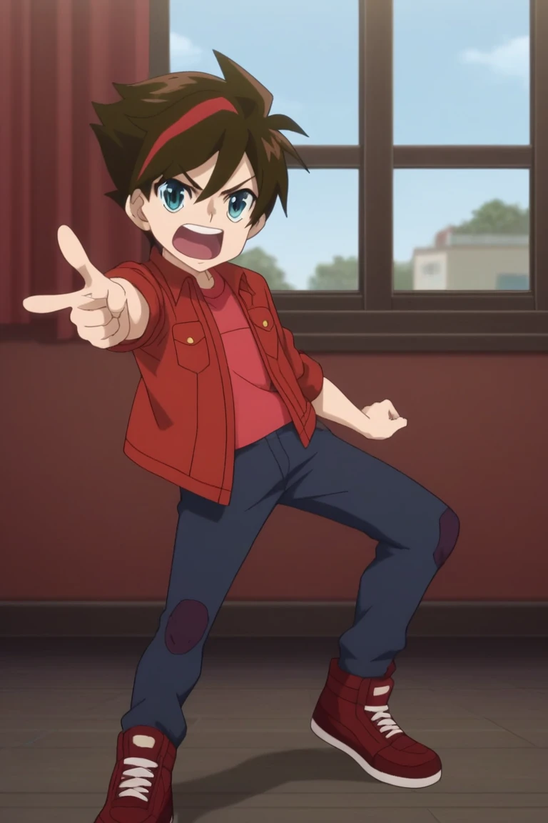 score_9, score_8_up, score_7_up, score_6_up, masterpiece, best quality, amazing quality, best aesthetic, absurdres, intricate details,
 dan kouzo, brown hair, blue eyes, red jacket, red shirt, 1boy, male focus, pointing, jacket, multicolored hair, window, parody, pants, solo, open mouth, denim, shirt, jeans, shoes<lora:EMS-469422-EMS:1.000000>