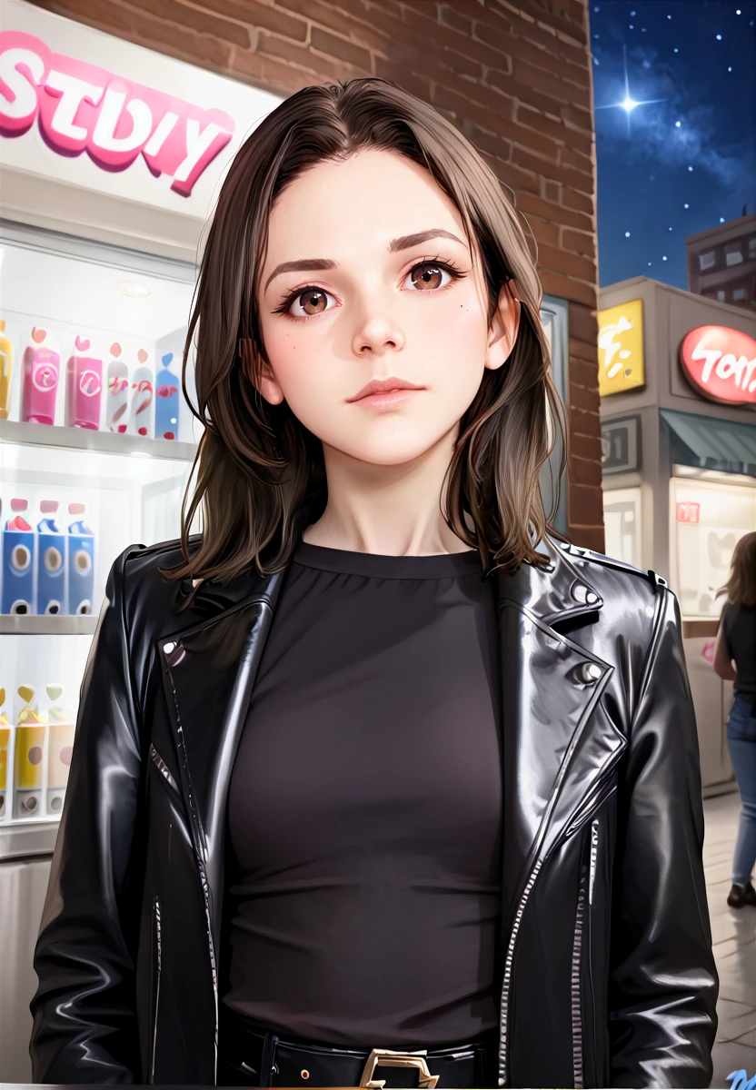 <lora:Porn_Star_Nubiles_Lena:1>  lena, nubiles, 1girl, solo, solo focus, brown hair, pale skin, leather jacket, black shirt, brown eyes, long hair, upper body, realistic, vending machine, alleyway, dark, nighttime, starry sky, city