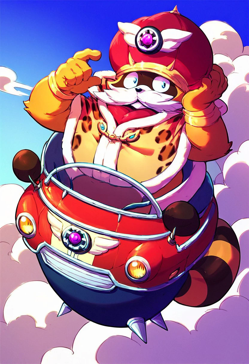 score_9, score_8_up, score_7_up, score_6_up, Dodon_pa, male, solo, mustache, tanuki, tail, round velvet cap, crown, jewelry, emblem on crown, flying vehicle, clouds, blue sky background