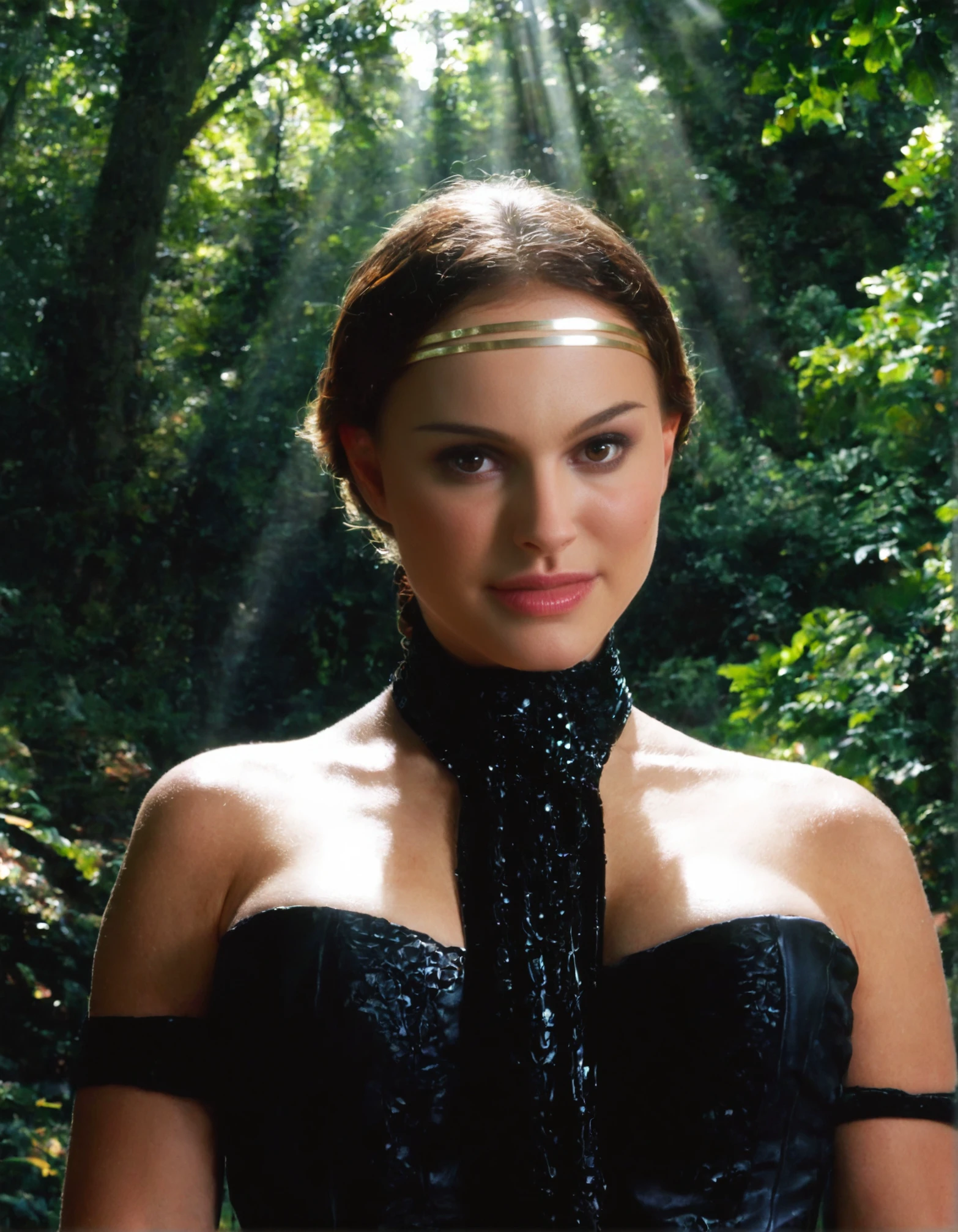 score_9, score_8_up, score_7_up,high resolution,photo,realistic,realistic skin,raw,p4dm, portrait, woman,black naboo corset,tiara,braid ponytail,1girl,female,pov,looking at viewer,front view,volumetric lighting,rim lighting,dof,dramatic shadow,forest,close-up,standing,sunlight