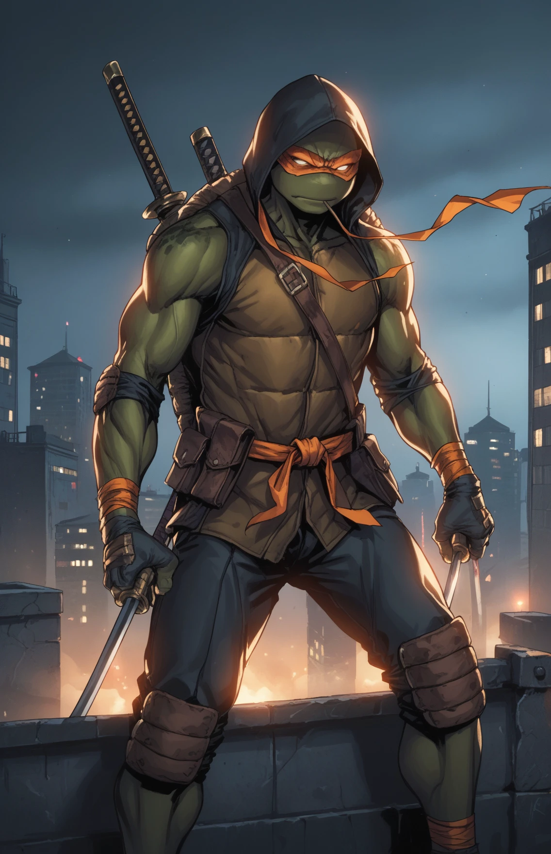 score_9, score_8_up, score_7_up, ((source_cartoon, illustration)), masterpiece, high quality,
<lora:TMNT_AIO__DigitalArtStyle_Pony:1>, solo, a TMNTLastRonin a teenage mutant ninja turtle wearing a orange bandana mask with eye-holes, wearing a black sleeveless hooded outfit with the hood up and a cloak blowing in the wind, wearing claw weapons on his hands, wearing katana sword in his belt sash, standing defiantly in a foggy mist. Dynamic lighting and shadows, city lights and skyscrapers fill the background and the image gives a deep eerie atmosphere of tension and the sense that a battle will soon take place.
(standing, fight stance)
((on a city rooftop, at night)), dark sky, city lights, skyscrapers in background
dynamic lighting, cinematic